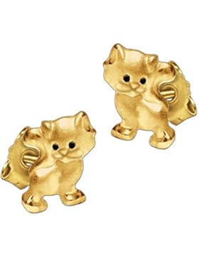 CLEVER SCHMUCK Goldene kleine Ohrstecker Mini Katze 6 mm mit schwarzen Augen seidenmatt und glänzend 333 GOLD...