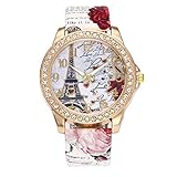 Vintage Paris Eiffelturm Damenmode Uhr Kristall Leder Armbanduhr Chenang Böhmische Eiffelturm Mode Luxus Diamant hübsche Quartz Wrist Watch Rot für Frauen Mädchen Damen (Weiß)