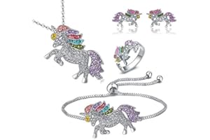 GENERIC Einhorn Schmuckset Mädchen Funkelndes Kristall Kinderschmuck Set Süße Charm Anhänger Halskette Armband Ring Ohrringe Schmuck Set Einhorn Geschenke für Mädchen Kinder Damen