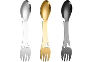Fezf Set de couverts de camping 3 pièces, fourchettes et cuillères multifonctionnelles en acier inoxydable, ouvre-boîte portable, adapté aux voyages en camping et aux activités de plein air.