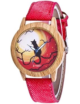Souarts Damen Armbanduhr Halloween Stil Analoge Quary Uhr mit Batterie Holz Maserung Katze Muster Rot