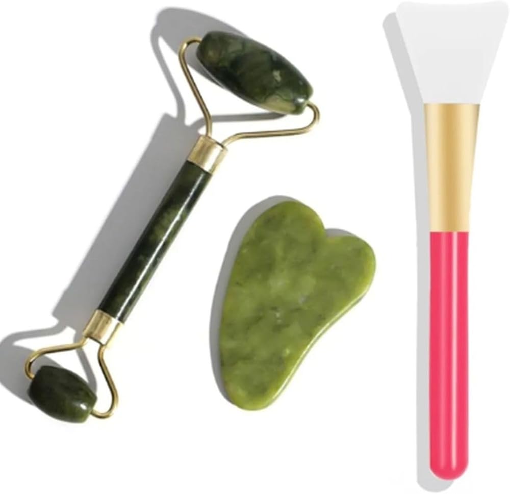 3'lü Cilt Bakım Seti Yeşim Taşı + Gua Sha Masaj Taşı + Maske Sürme Aparatı