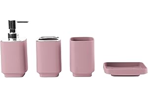 Hosoncovy Set di 4 accessori da bagno con dispenser di sapone, tazza da bagno, portasapone, spazzolino da denti e dentifricio (rosa)