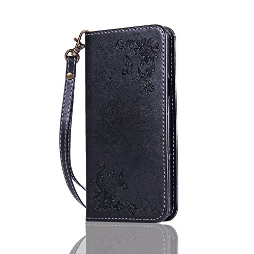 SKYXD Leder Hülle für Samsung Galaxy A5 2016 Rosen Blumen und Schmetterlings Muster,PU Folio Klappbar Schutzhülle [Brieftasche Kartenfach / Magnet / Standfunktion / Trageschlaufe] Klapphülle mit [Eule Handyanhänger + Eingabestift] 3 in 1 Zubehör Set Handy Tasche Etui for für Samsung Galaxy A5 2016 A510F Bookstyle Flip Case Leather Cover With [Stylus and Dust Plug]- Schwarz - 2