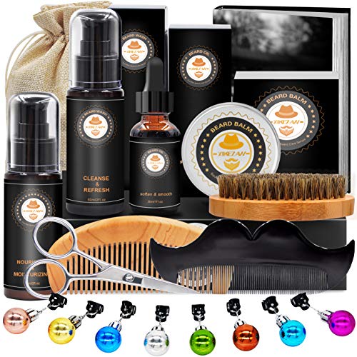 Kit de Barbe Homme Complet Coffret Barbe avec Shampoing Barbe,Guide Barbe,Huile Barbe,Barbe Peigne,Brosse a Barbe,Baume à Barbe,Ciseaux à Barbe,Sac,Livre électronique,Soin Barbe Cadeaux Pour Homme