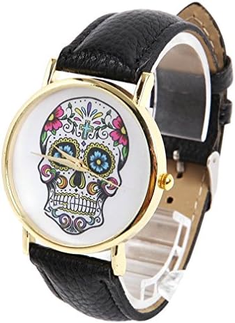 Weesky Women's Wrist Watch Fantastic Colorful Skull Dail Faux Leather Band Black