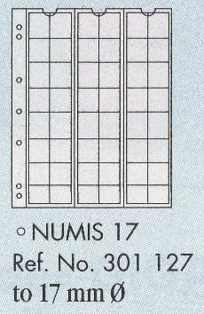 NUMIS 17 sheets for coins up to 17mm diameter. Pack of 5 sheets with interleaving.193x217mm