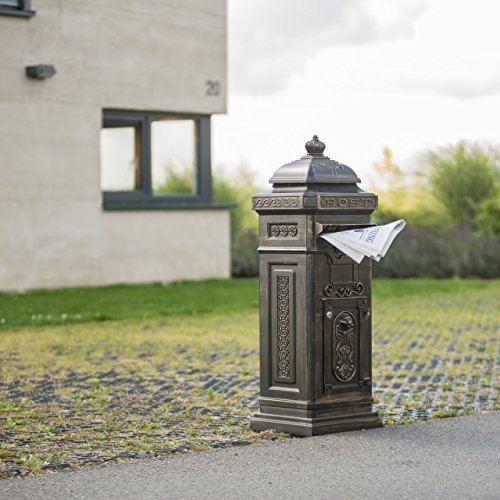 Relaxdays Standbriefkasten Antik HBT: 106 x 38 x 34 cm nostalgischer Säulenbriefkasten aus rostfreiem Aluminium englischer Briefkasten Postkasten in britischem Design mit Posthorn, bronze - 2
