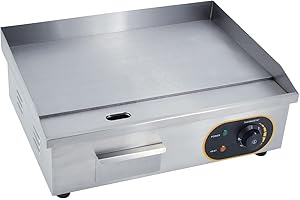 MOOTACO Plancha professionnelle électrique Plaque Inox lisse protection de gril 3000W, protection antiéclaboussures, 50-300 °C, et bac à graisse