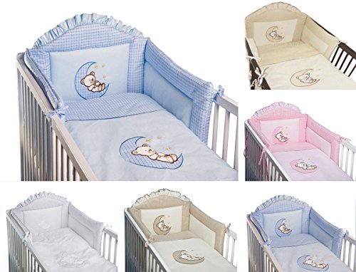 6 Piece Embroidered Baby Bedding Sets to fit Cot & Cotbed - (Cot Bed 140 x 70cm, Moon Blue)