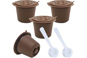 SYIJUPO Lot de 4 capsules de café rechargeables et réutilisables pour machines Nespresso - Avec filtre en maille et 2 cuillères en plastique - Marron