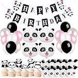 Paquete: las decoraciones de la fiesta de Panda incluyen 1 pancarta de feliz cumpleaños de panda bow, 4 globos de panda mylar de 18 ', 30 globos de látex (10 rosa, 10 de plata, 5 blancos, 5 de color negro), 24 adornos de cupcake de panda, 20 bolsos de regalo de panda para niños.