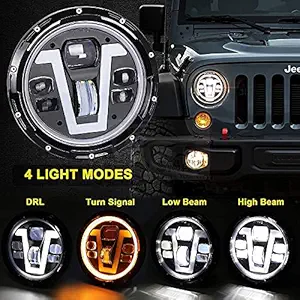 AUTO SNAP Headlights 7 inch with Halo Ring Amber Daytime Turn Signal light V Type White DRL Hi Lo Beam Compatible with Thar, Royal Enfield Gypsy, Black