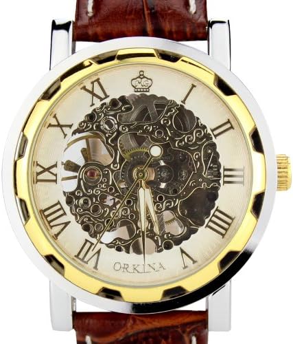 Orkina Mens Transparent Tourbillon Hand-Wind Mechanical Dial Brown Leather Strap Wrist Watch
