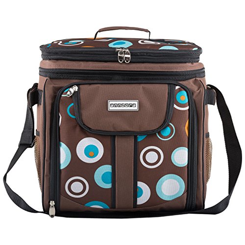 anndora Picknicktasche braun mit blauen Kreisen Tragetasche + Zubehör 29-teilig - 2