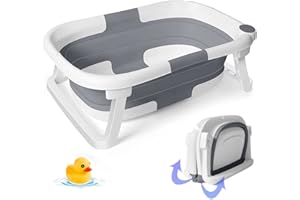 EzyWay Foldable Baby Bath Tub with Free Baby Bath Toy, Temperature Sensing Drain Plug, Bultin Anti-Slip Support Collapsible Tub for Infant Toddler Kids (Grey)