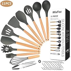 WisFox Ustensiles de Cuisine,Silicone Ustensiles de Cuisine en Bois Ustensiles Cuisine Antiadhésive Set,Silicone de qualité Alimentaire avec Manche en Bois de Haute qualité 11 Pièces + 10 S - Gris