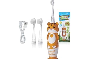 Brush-Baby WildOnes Brosse à dents électrique rechargeable pour enfants, 1 poignée, tête de brosse, câble de charge USB, pour enfants de 0 à 10 ans (tigre)