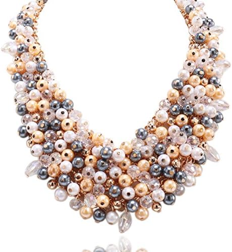 Kalse Multi-Color Rhinestone Crystal Beads Elements Cluster Statement Bib Chunky Collar Necklace White Yellow 16.5"-18.9" (Multi-Color)