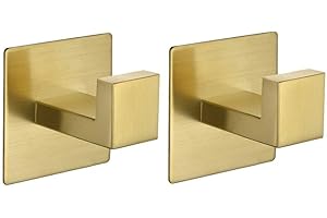 WOMAO 2 Ganchos Adhesivos para Toallas sin taladrar, construcción de Acero Inoxidable Cepillado Acabado Dorado para baño y Cocina