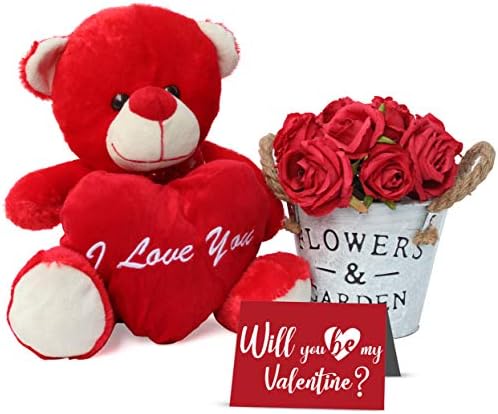 TIED RIBBONS Valentine Day Gift for Husband Wife Girlfriend Boyfriend Him Her - Valentines Special (Teddy, Vase, Bunch of Roses and Greeting Card)