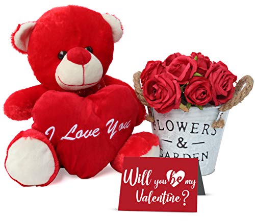 TIED RIBBONS Valentine Day Gift for Husband Wife Girlfriend Boyfriend Him Her - Valentines Special (Teddy, Vase, Bunch of Roses and Greeting Card)