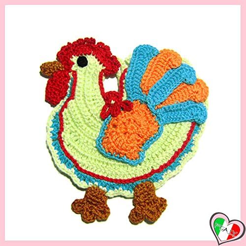 Colorful crochet cock potholder in cotton - size: 5.7 inch x 6.3 inch H - Handmade - ITALY