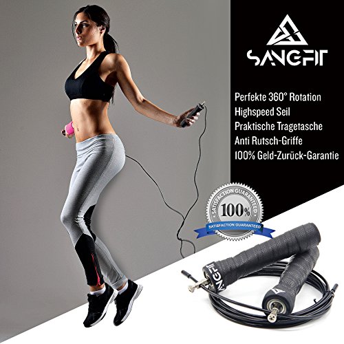 SANGFIT Springseil/Springschnur mit top geprüften Kugellager – Speed Rope inkl. 2x extra Stahlgewichten für die Griffe + 1x extra Seil. Längenverstellbar, premium Qualität und stylisches Design.Kein lästiges verdrehen der Schnur, durch die neu Innovation unseres Kugellagers! - 2
