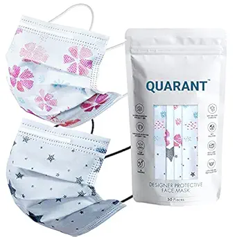 QUARANT 4 Ply Designer Protective Surgical Face Mask with Dual Meltblown - SMMS Layer, BFE & PFE >99%, Disposable Fabric Masks with Adjustable Nose Pin, Fashion Thats Safe (White Combo, Without Valve, Pack of 50) for Unisex