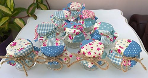Make your Own DIY Shabby Chic Vintage SET OF 10 Mini Jam Jars 1.5 oz Blue Patchwork Design Wedding Favours Table Decorations Baby Shower Christening or Homemade Gifts