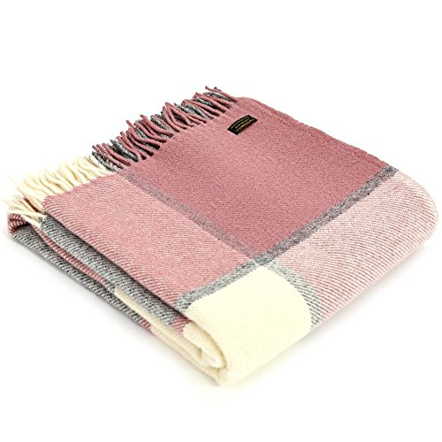 Large Wool Throw - Block Check Charcoal and Dusty Pink - 100% Pure New Wool - Size 150cm x 183cm