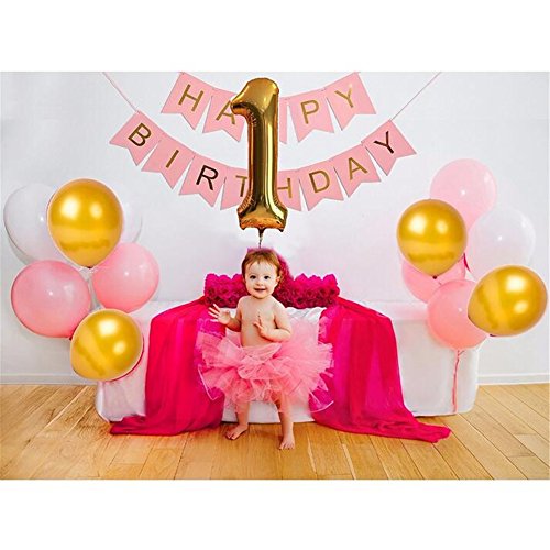 26/Set 1. Happy Birthday Dekoration Papier Wimpelkette Banner Set Folie Luftballons für Baby Dusche Mädchen ersten Geburtstag Deko Party Supplies Fotografie Prop - 2
