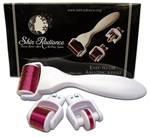 Skin Radiance - Professional 3 in 1 Derma Roller. Medical Grade and Clear User Instructions Included. 0.5mm Small Face Roller (eyes, nose, hard to reach areas), 1.0mm Face Roller & 1.5mm Body Roller. Use on wrinkles, stretch marks, acne, hair loss, scar removal, pitted skin and hyper-pigmentation.
