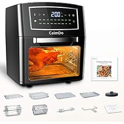 Friteuse à Air Sans Huile, CALMDO Mini Four à Air 12L 1500W Écran Tactile avec 18 Programmes pour Faire Frire, Rôtir, Déshydrater, Cuire au four, Réchauffer, 10 Accessoires et Recette inclus, Noir