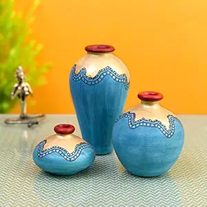 AAKRITI ART CREATIONS Earthenware Turquoise Blue Golden Glaze Vase - Set of 3 (6x3.4/2.5x3.5/4x4 inches Dia)