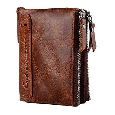 All_Star Cuir de vachette véritable Mens Wallet avec carte de crédit porte Bifold Zip sac cadeau emballé (Marron)
