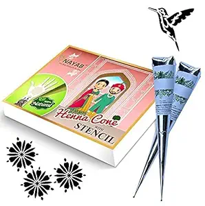 Nayab Heena Leaf of Natural Henna Mehandi Cone All Seasonal Festival Mehandi Cones-12 Pieces in 1 Box with 8 Henna Stencils (Green)