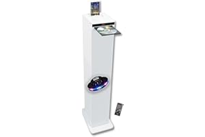 INOVALLEY gef-roy Enceinte Colonne Blanche avec Lecteur CD, Bluetooth, FM et USB, 60W, télécommande, Jeu de lumière OVNI LED