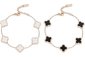 XOPOZON 2PCS Four-Leaf Clover Bracelet(White+Black), Women's Titanium Steel Bracelet, Simple Design Style, Exquisite Enamel Jewelry, Lucky Symbol, Jewelry Suitable for Girls and Ladies