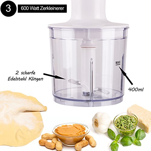 TZS First Austria – 600 Watt 3 in 1 Stabmixer Set mit Edelstahl Pürierstab | hitzebeständig | 4 Klingen | 2 Geschwindigkeitsstufen und Feinregler | 600 Watt Zerkleinerer und elektrischer Schneebesen - 4