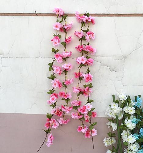 Cadever 89" Artificial Cherry Blossom Hanging Vine Silk Flowers Garland Fake Plants Leaf For Home Wedding Decor, 2 Strands of Pack (rose red)