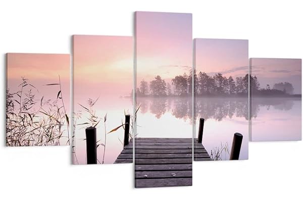 Moderne Impression sur Toile Matinée lever de soleil brouillard lac Image Tableau Decoration Murale 125x70cm Décoration Salon Chambre Triptyque 5 parties Tableaux Decoratifs Muraux Art EA125x70-2593