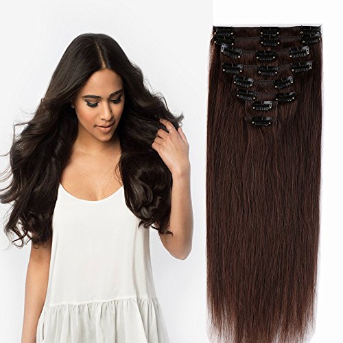 S-noilite 16" 18" 20" 22" 8PCS Clip In Human Hair Extensions 100% Remy Real Human Hair Straight Various Colors for Women Beauty (16"-65g, 02# Dark Brown)