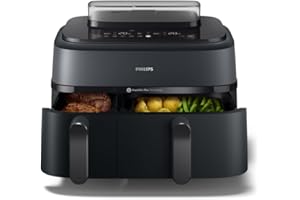 Philips Airfryer Serie 5000 Doppio Cestello con Vapore – Friggitrice ad aria da 9L, 19 modalità, 90% di grassi in meno, Tecnologia RapidAir Plus e AirSteam, Pulizia con il vapore, Accessori (NA550/00)
