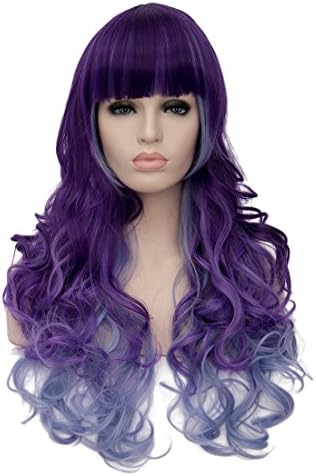 Priomix Fashion Long Brow-Skimming Bangs Colourful Party Cosplay Wigs for Women Plus Free Wig Cap (Purple/Pale Blue)