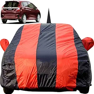 Autofact Car Body Cover for Honda Jazz (2015 to 2019) with Mirror and Antenna Pocket (Light Weight, Triple Stitched, Heavy Buckle, Bottom Fully Elastic, Red Stripes with Navy Blue Color )