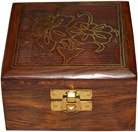 India Jewellery Box Square Shape Wood Carving with Brass Inlay