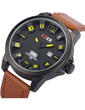 Herrenuhr lederarmband NEU Militär Herren Uhr Männer Analog 3D Gesicht Leder Quarz Armbanduhr Gelb K382Y