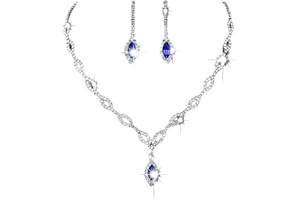 SINLOV Crystal Wedding Necklace Earrings Set Blue/Red Bridal Rhinestone Teardrop Neck Adjustable Jewelry Bridal Jewelry Set for Bridal Bridesmaid (A)