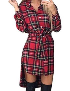 Longra Damen Kariertes Kleid Langarmshirt Hemdkleid Shirtkleid Blusenkleid Kleid Mit Gürtel Damen Mode Streetwear...